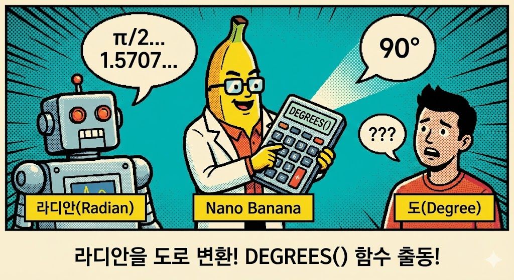 'DEGREES: 라디안 값을 우리가 아는 각도(&deg;)로 변환하기