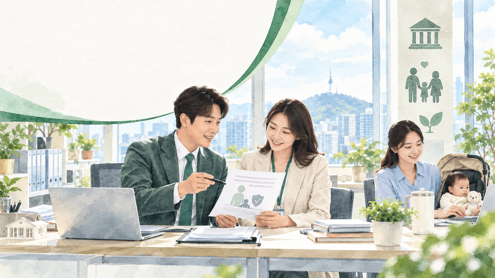 상담사와 육아휴직 사업주지원금에 대한 이야기를 하고 있다