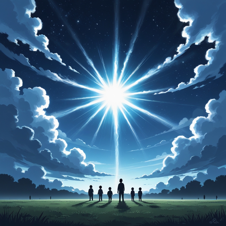 여러 목자들이 동시에 하늘의 밝은 빛과 현상을 목격하는 집단적 경험을 상징적으로 표현한 장면