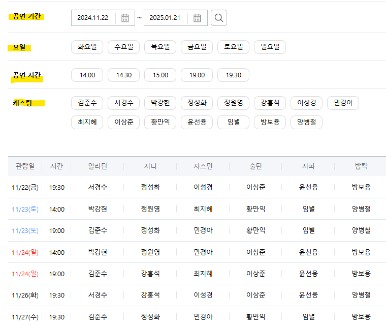 뮤지컬 알라딘 예매 캐스팅