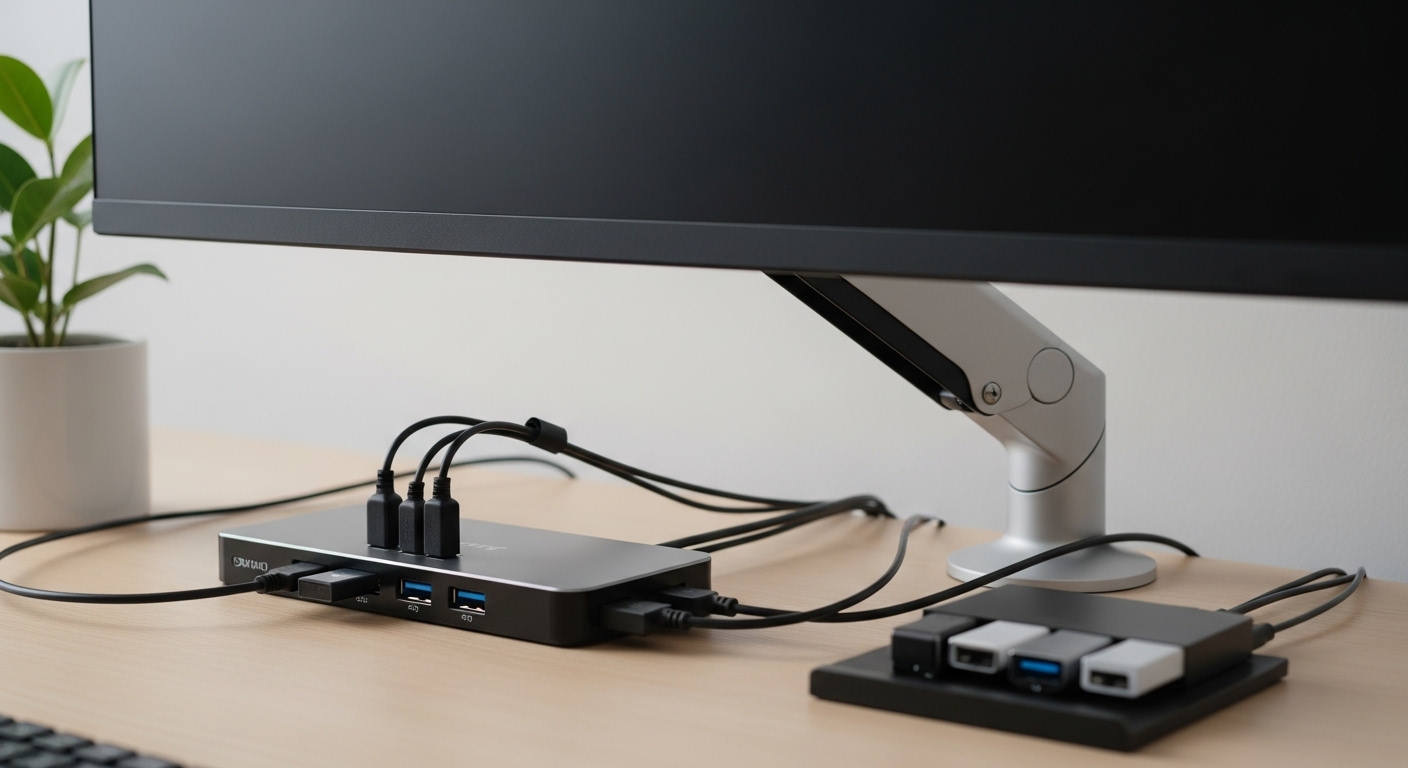 모니터 암, USB 허브 등 재택근무 효율을 높이는 필수 주변기기들.