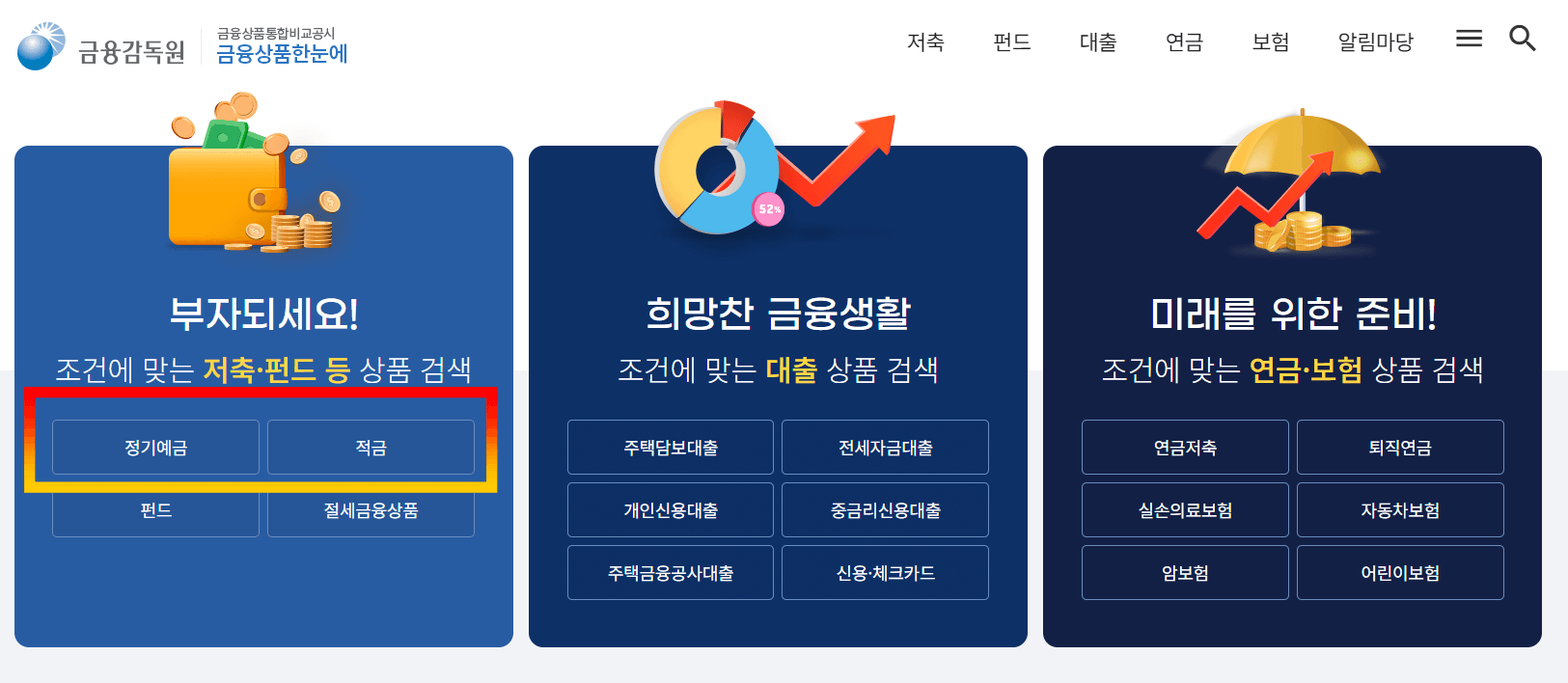 금융상품한눈에 홈페이지화면