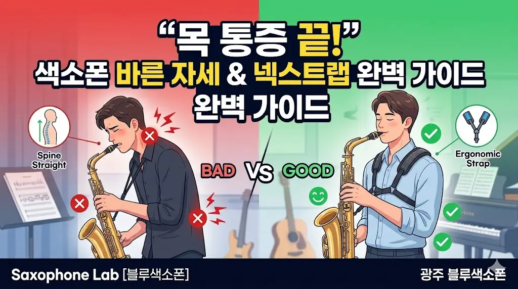 색소폰 연주 바른자세와 스트랩 이미지