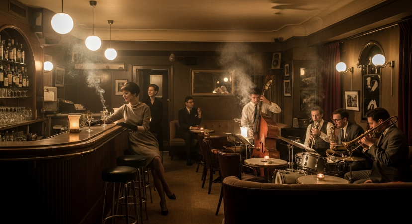 1960년대 파리 생제르망 구역의 빈티지한 재즈바 풍경, 담배 연기와 은은한 조명