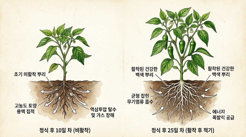 정식 후 10일 차 미활착 상태에서 비료를 주어 뿌리가 타들어가는 모습과 25일 차 활착 후 비료를 흡수하는 모습