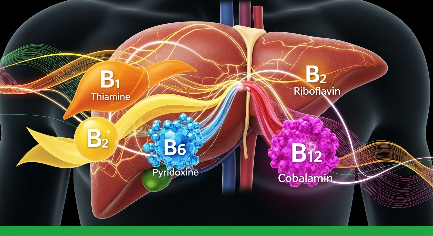 활발한 간 대사 과정을 표현한 이미지와 간으로 흡수되는 다양한 비타민B군