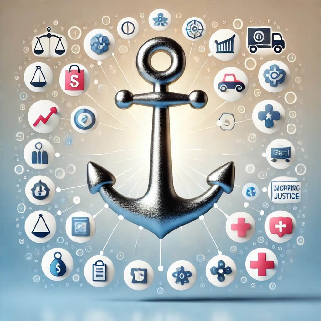 다양한 의사 결정 상징을 끌어당기는 중앙 앵커를 통해 보여주는 앵커링 효과