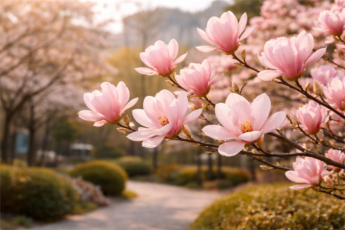 햇살을 받은 분홍 목련 꽃잎이 부드럽게 빛나는 모습 