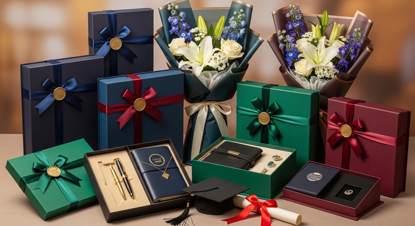 2026년 졸업 축하를 위한 고급스러운 선물 상자와 꽃다발 이미지