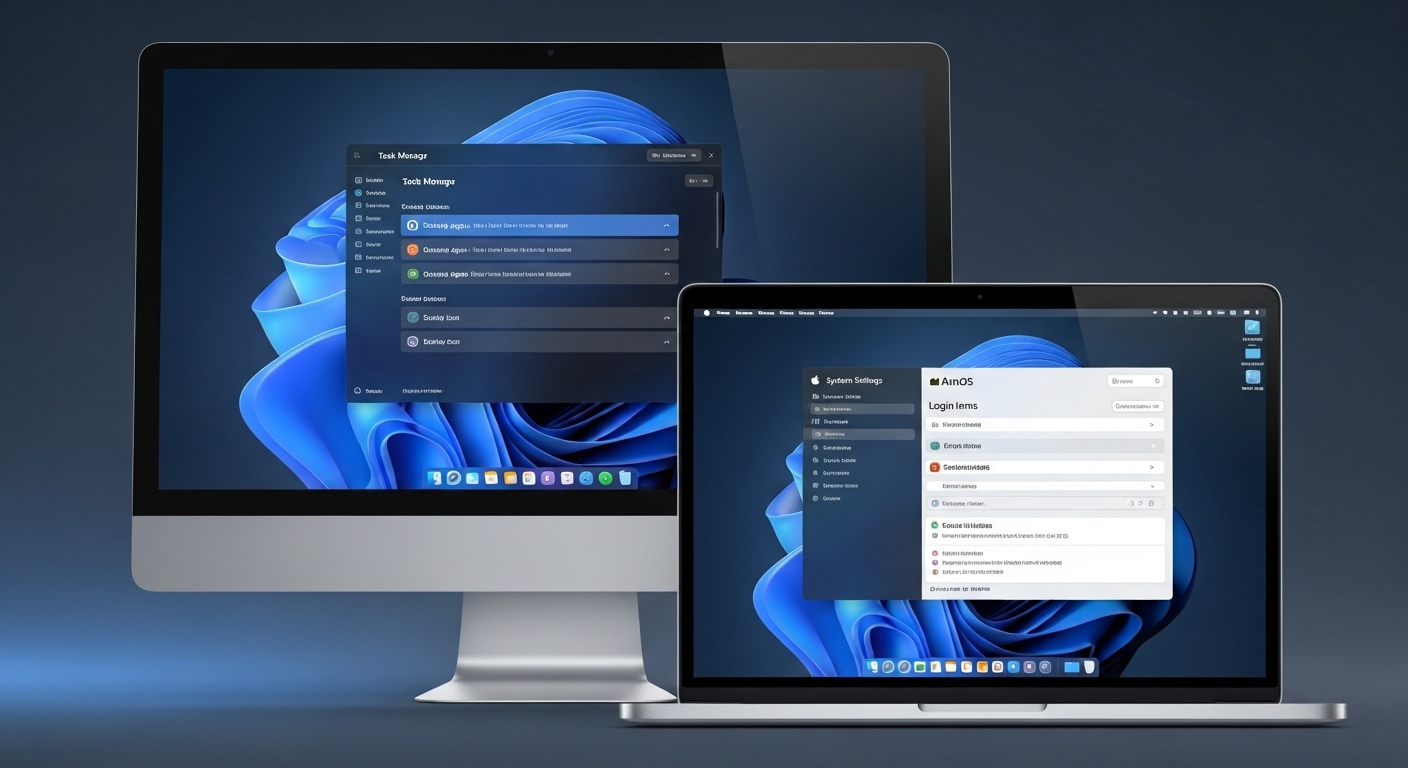 Windows와 macOS 기기에서 시작 프로그램 관리 설정을 비교하여 보여주는 모습.