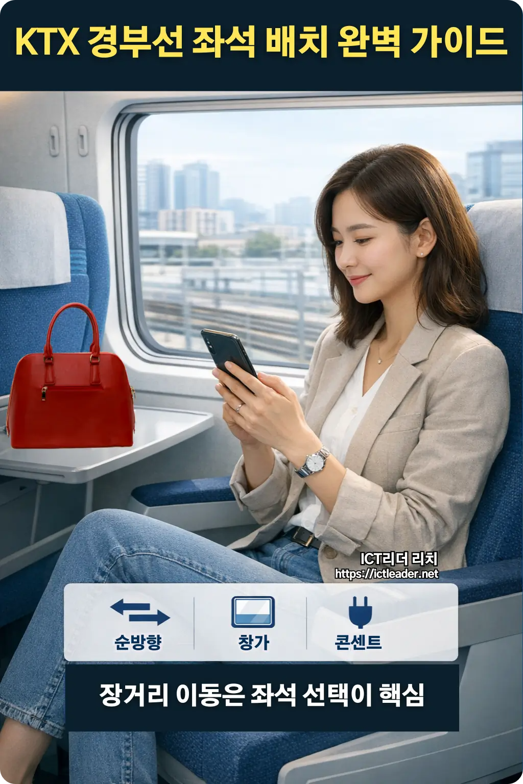 KTX 경부선 창가 좌석에 앉아 스마트폰을 들고 이동 중인 20대 한국인 여성 승객의 실사형 대표 썸네일 이미지