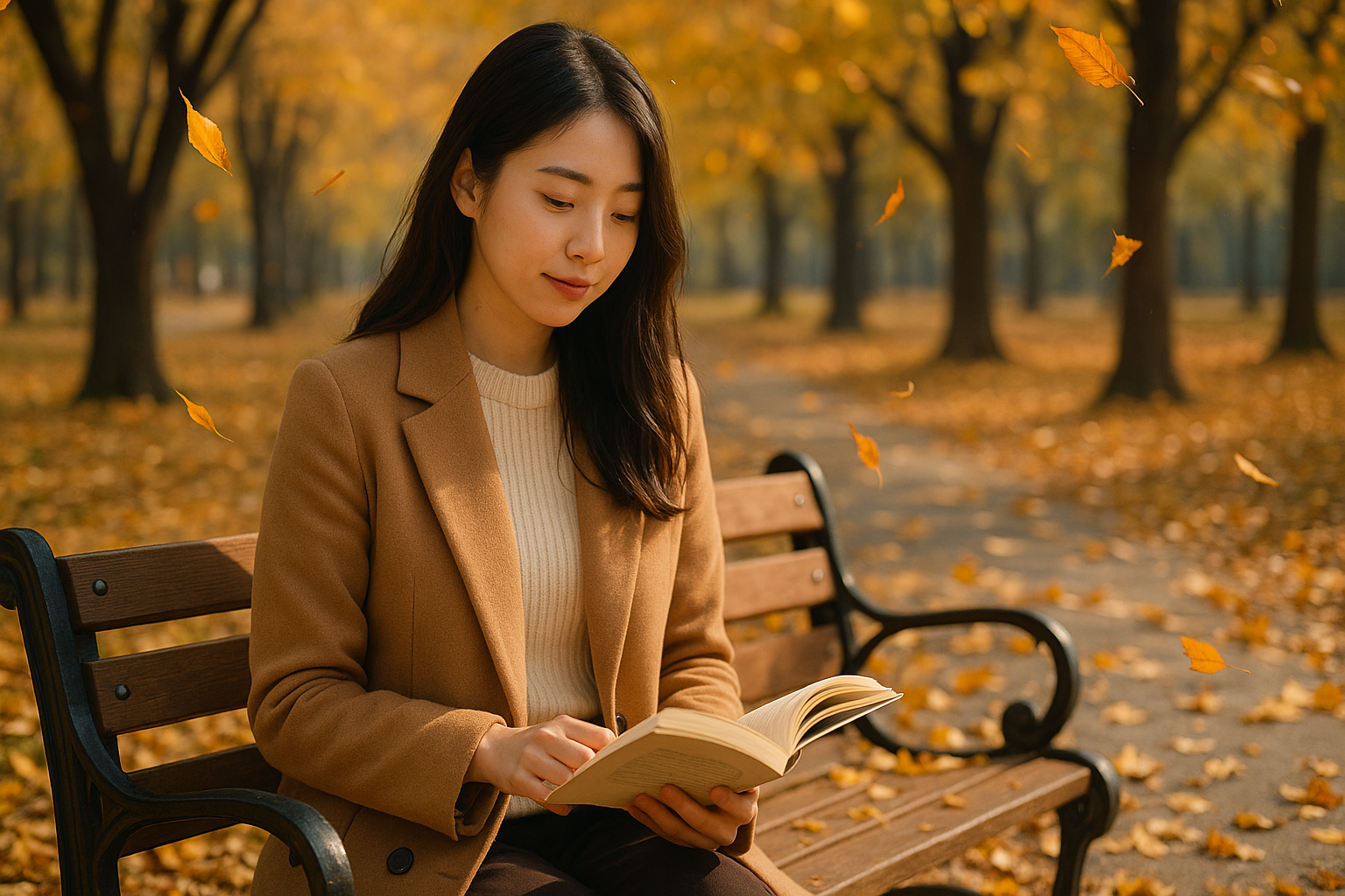 가을 낙엽이 떨어지는 공원 벤치에 앉아 책을 읽고 있는 여성