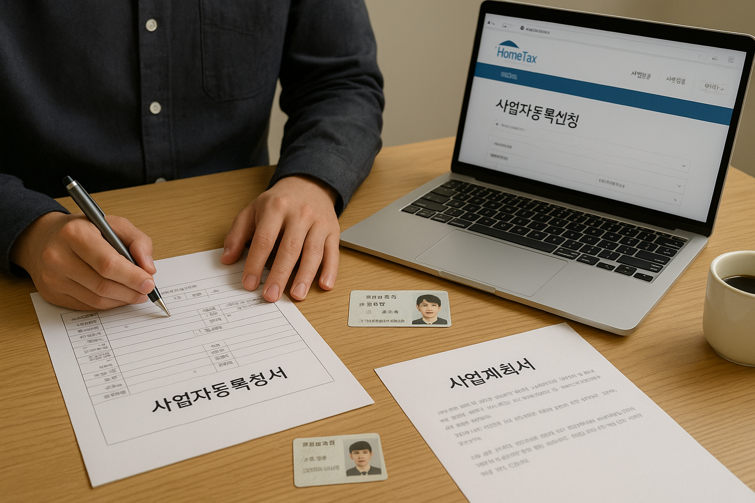개인사업자 등록을 위해 세무서에서 신청서를 작성 중인 프리랜서 – 사업자등록신청서, 신분증, 홈택스 화면이 함께 보이는 장면
