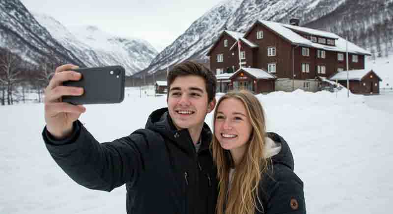 눈 덮인 설경의 호텔을 배경으로 셀카를 촬영하고 있습니다.