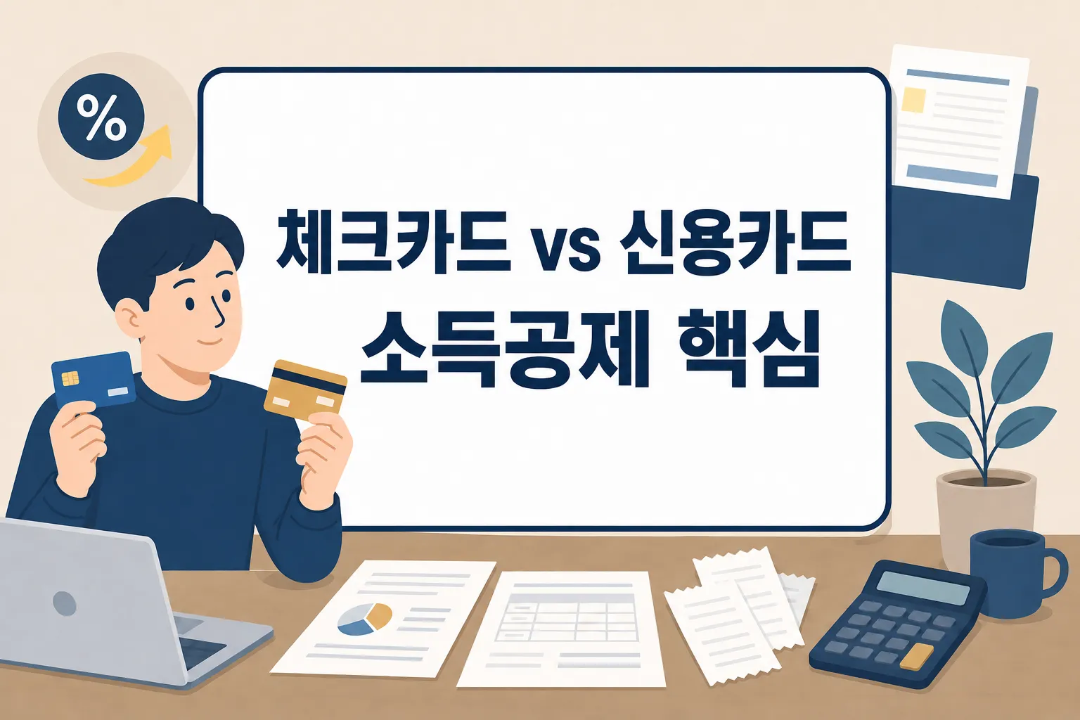 체크카드와 신용카드 소득공제 혜택 비교를 시작할 때 25% 기준과 카드 조합 판단 범위를 한눈에 이해하도록 안내하는 썸네일 이미지