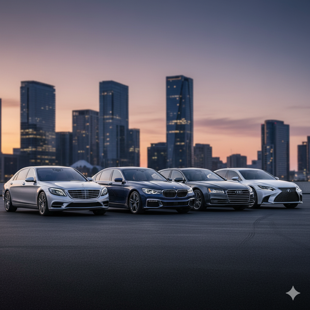 도심 배경 앞에 정렬된 고급 수입 중고차 4대 – 벤츠, BMW, 아우디, 렉서스