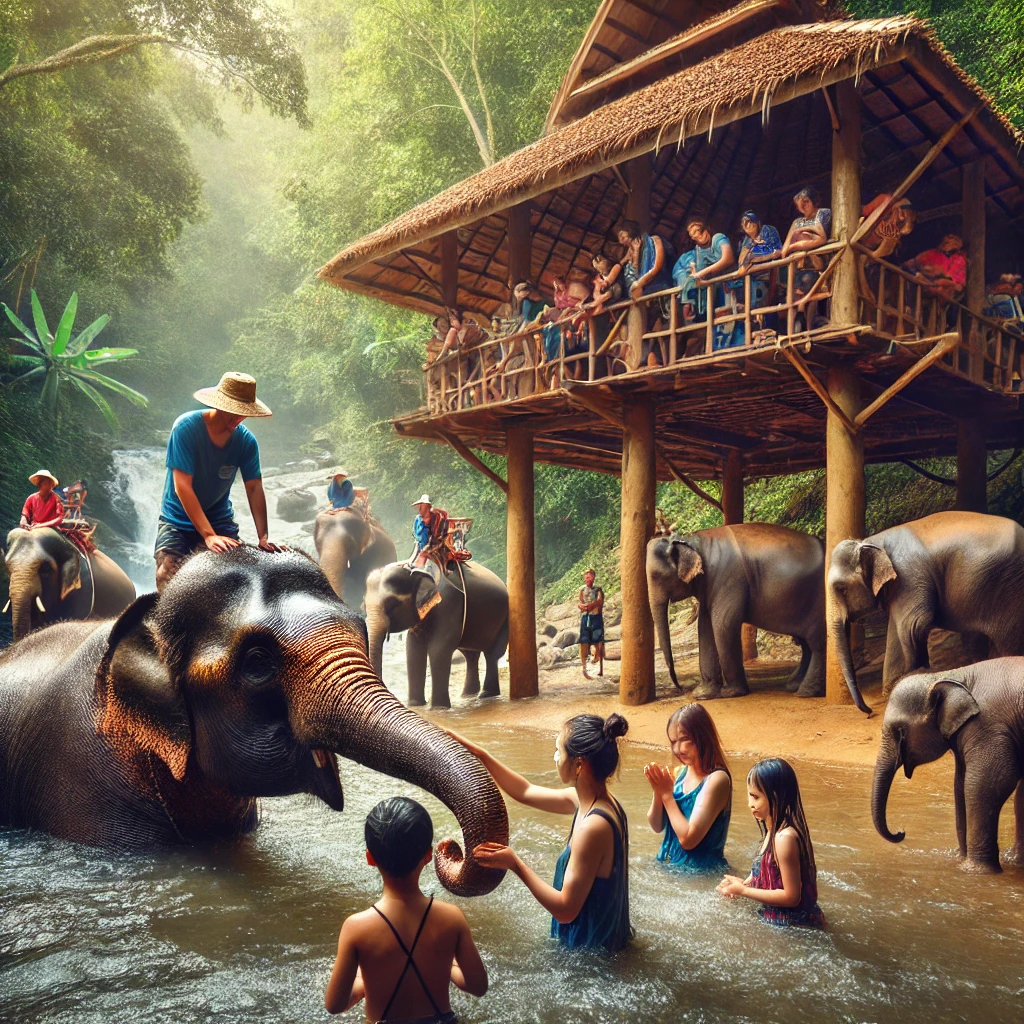 치앙마이 코끼리 보호구역에서 코끼리와 교감하는 관광객들의 모습