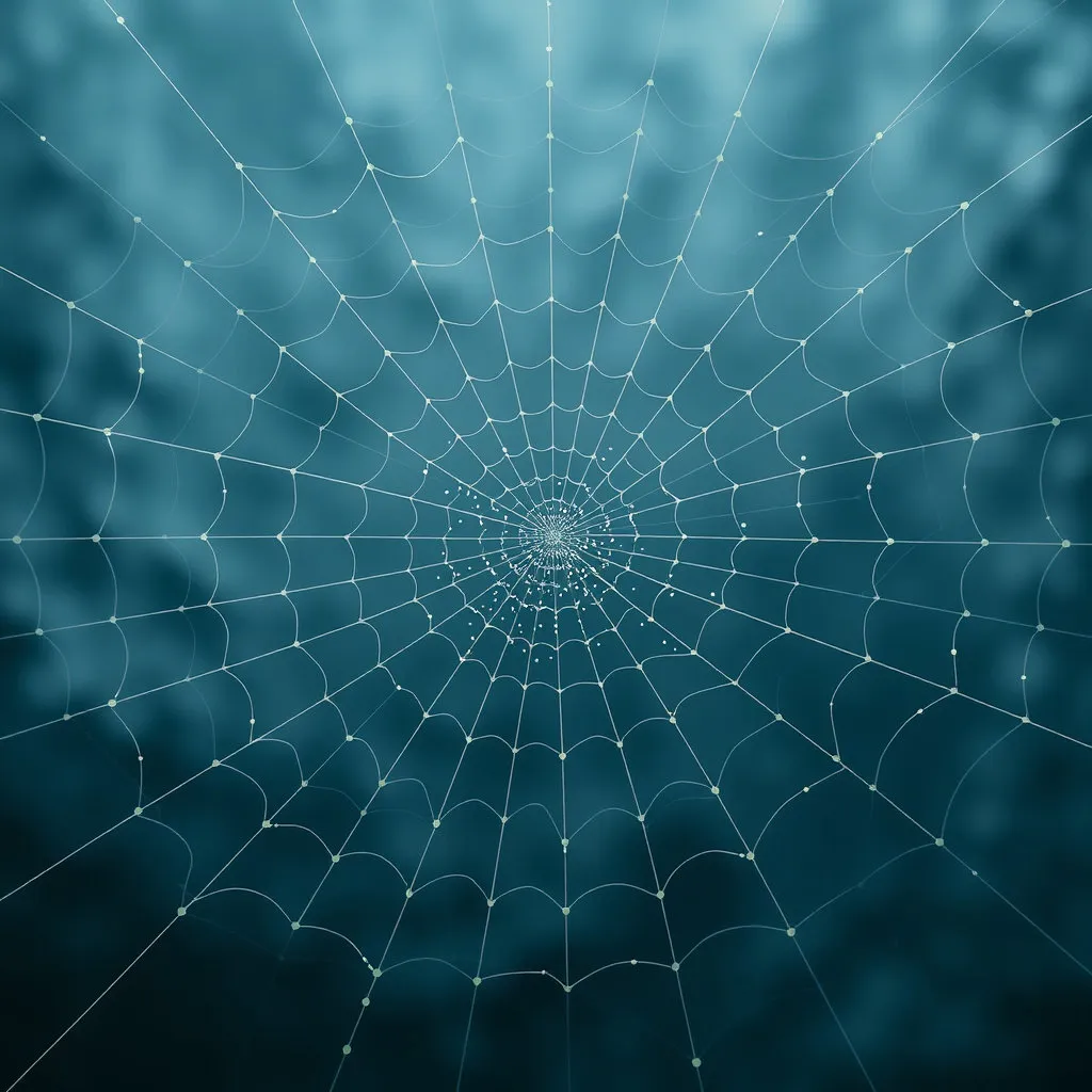 거미줄처럼 얽힌 복잡한 네트워크 또는 세포 조직 사이에 아주 작은 점 형태의 미세플라스틱들이 서서히 퍼져나가는 모습. 점진적이고 광범위한 확산을 시각화합니다.