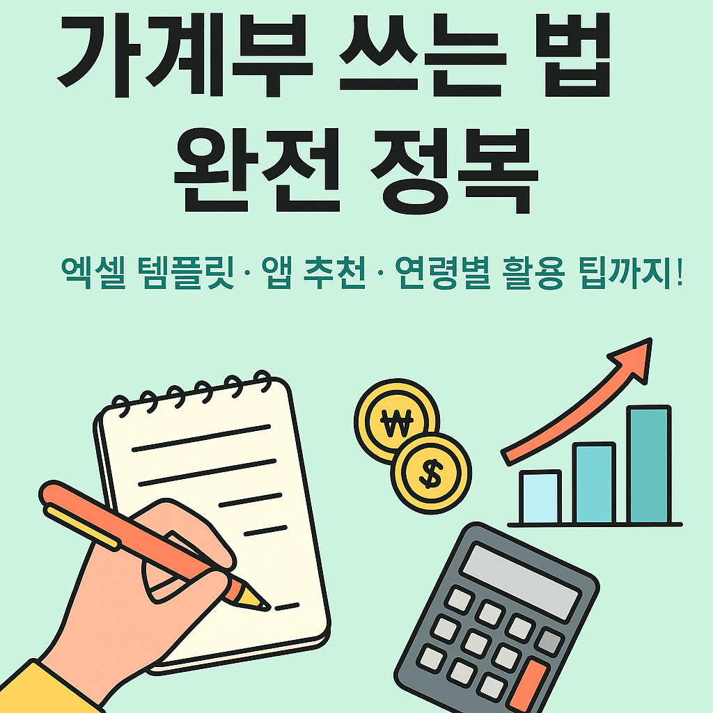가계부 쓰는 법을 쉽게 정리한 블로그 콘텐츠 썸네일 이미지입니다. 수입과 지출을 기록하는 메모, 계산기, 돈 아이콘이 포함되어 있으며, 엑셀과 앱 활용 팁, 연령별 가계부 전략까지 설명된다는 메시지를 전달합니다.