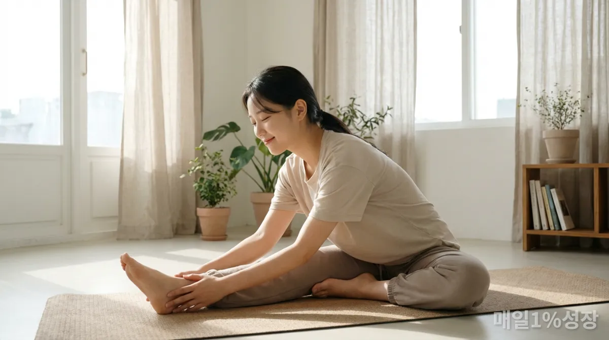 햇살 가득한 거실에서 요가 매트 위에서 스트레칭하며 몸을 이완하는 한국 여성