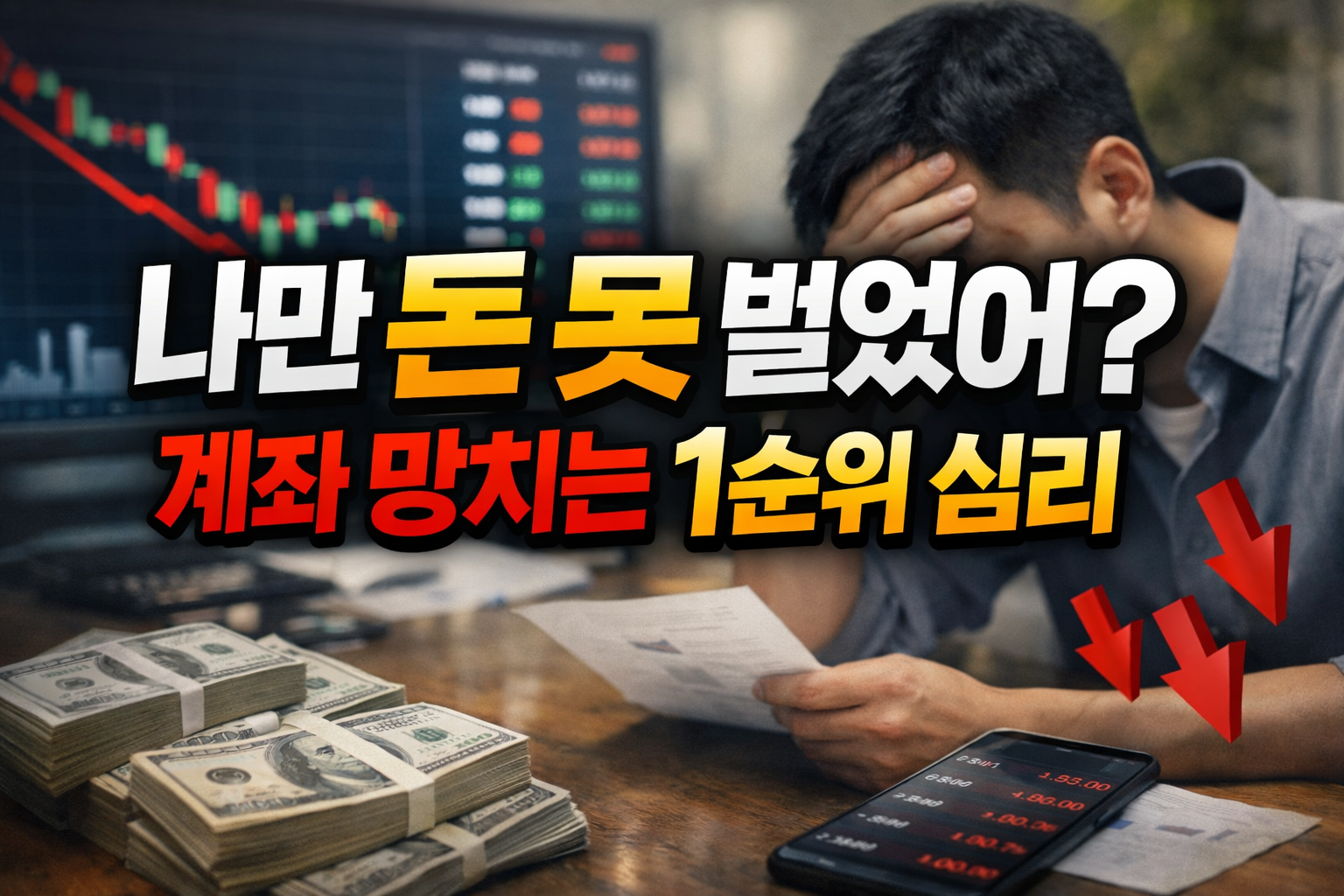 나만 돈을 못 번 것 같은 FOMO 심리로 손실을 확인하는 투자자와 하락하는 주가 화면 이미지