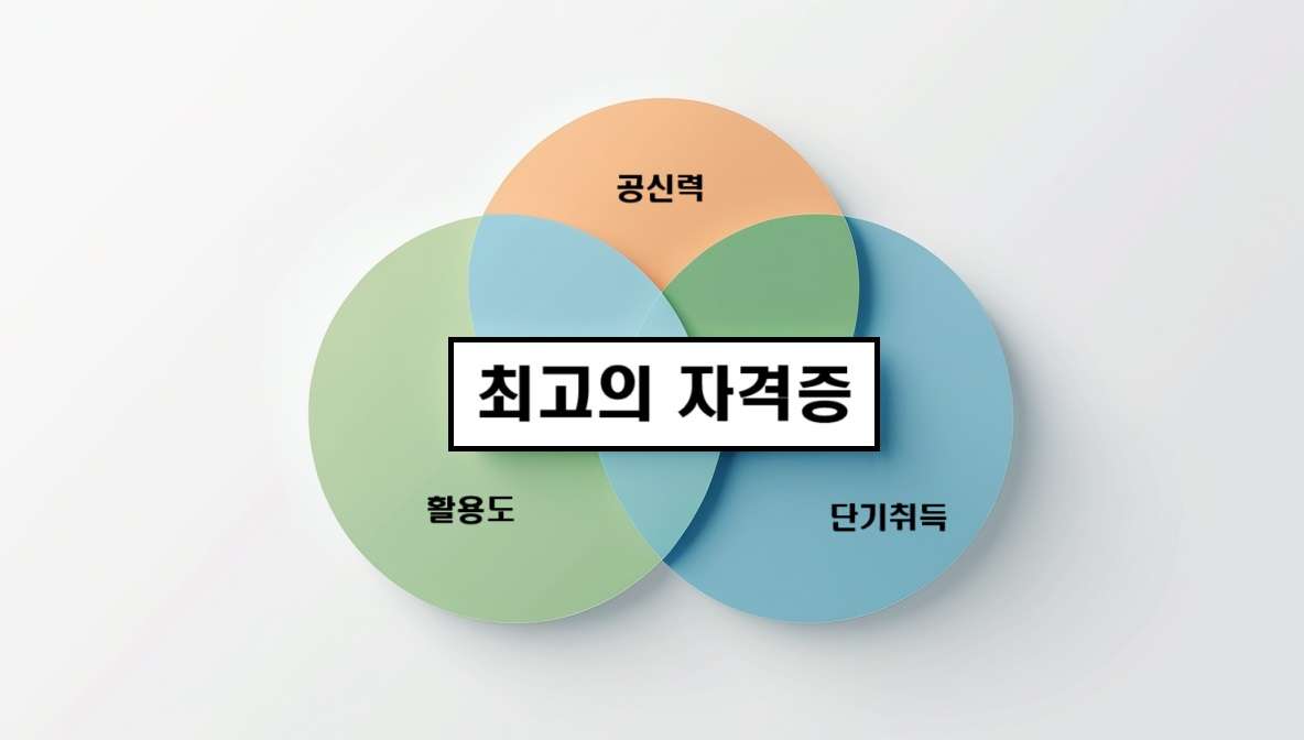 공신력', '활용도', '단기취득'이라는 세 개의 원이 교차하는 중앙에 '최고의 자격증'이라는 텍스트가 있는 인포그래픽 이미지.