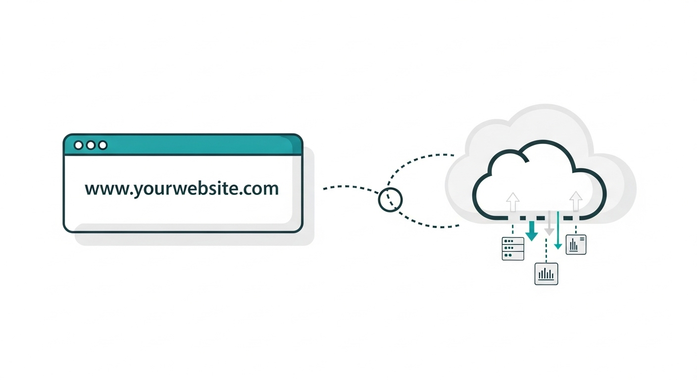 웹사이트의 두 가지 핵심 요소인 도메인 이름과 웹 호스팅 서비스가 연결되어 있는 개념도.