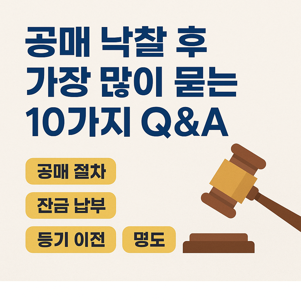 공매 낙찰 후 가장 많이 묻는 질문 10가지 Q&A를 소개하는 블로그 썸네일. 굵은 글씨 제목과 함께 공매 절차, 잔금 납부, 등기 이전, 명도, 세금 관련 주요 키워드가 강조된 이미지.