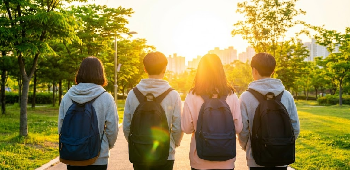시흥시의 푸른 하늘 아래 청소년들이 활기차게 걸어가는 모습