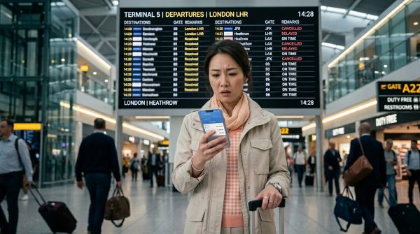 공항에서 스마트폰으로 유가할증료 확인하며 놀라는 여행객