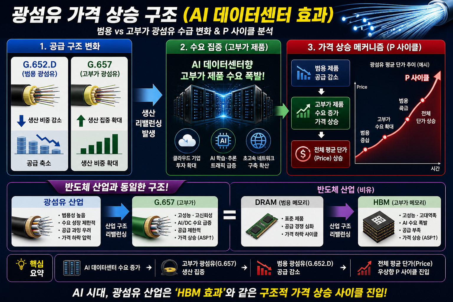 광섬유 가격 상승 구조(AI데이터센터 효과) 분석 설명 이미지