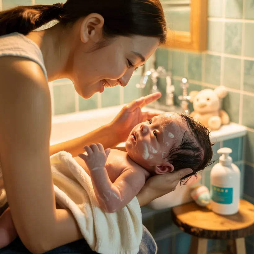 아기 목욕 후 보습제를 바르고 있는 엄마