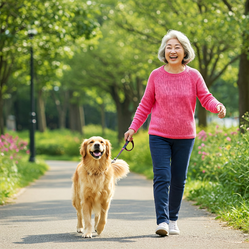 반려동물과 산책하는 시니어