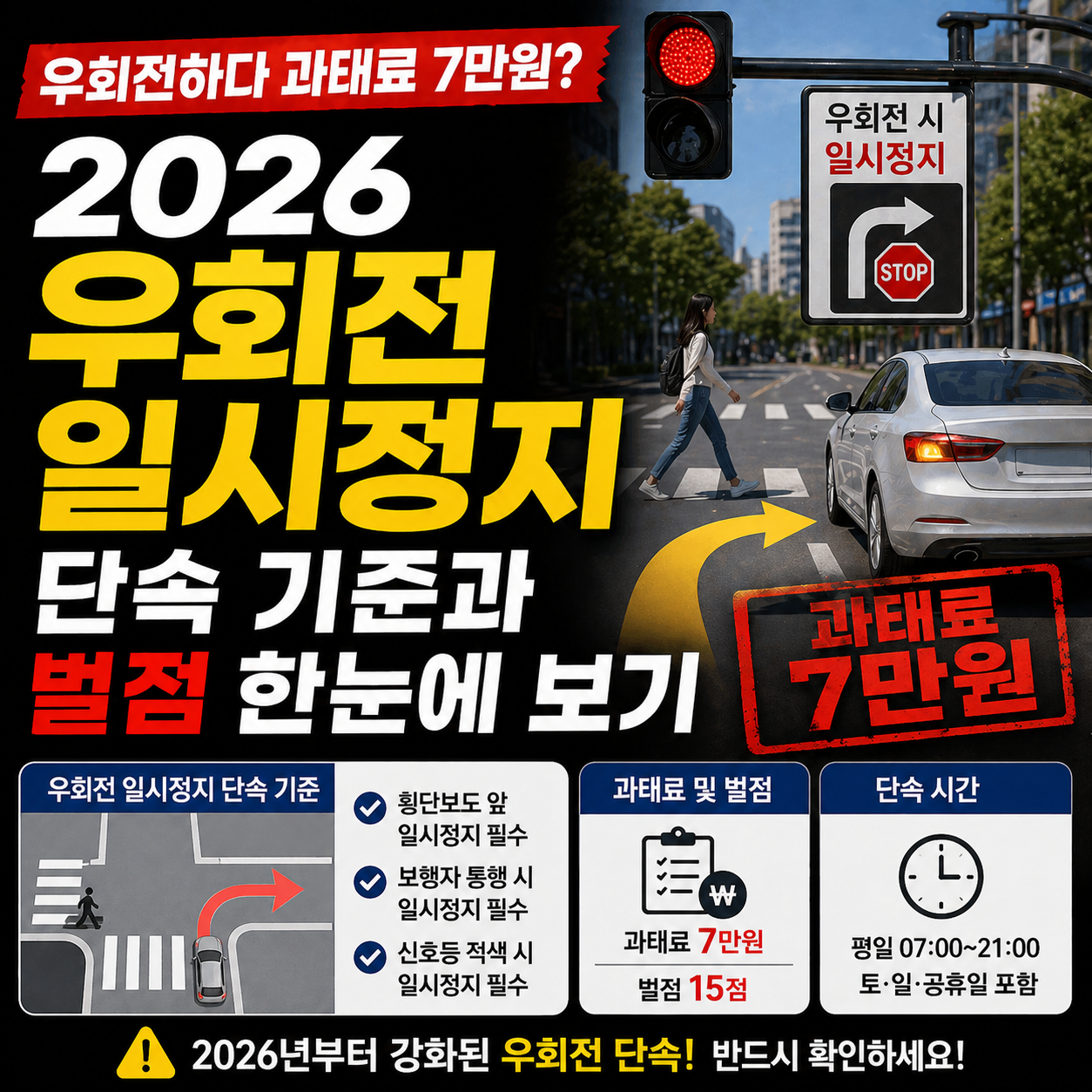 우회전 일시정지 집중 단속중 (4/20~6/19) : 과태료 7만원&middot;벌점 15점 조심