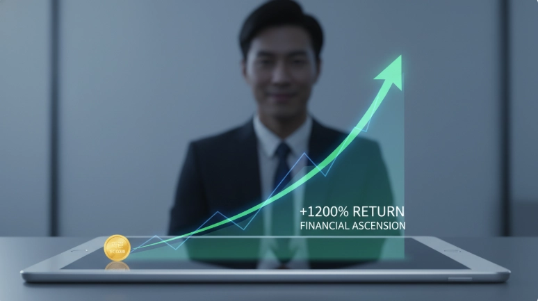 월 10만원으로 시작한 ETF 투자가 1년 만에 성장한 계좌를 보여주는 스마트폰 화면, 초보 투자자의 성공적인 재테크를 상징하는 이미지