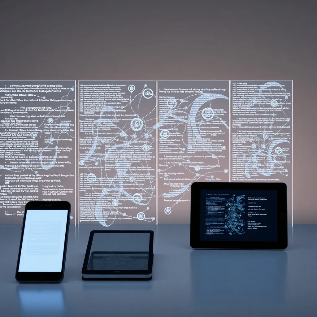 복잡했던 법전들이 투명한 유리 패널로 바뀌고, 그 위로 정보가 디지털화되어 스마트폰이나 태블릿 화면으로 흘러들어가는 모습입니다. 이는 법률 정보가 더 쉽게 공유되고 접근 가능해짐을 상징합니다.