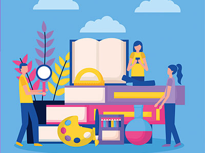 도서&amp;#44; 미술도구&amp;#44; 실험도구가 쌓여 있는 책 더미 위에서 탐구 활동 중인 어린이들 &ndash; 문화 체험과 학습을 상징