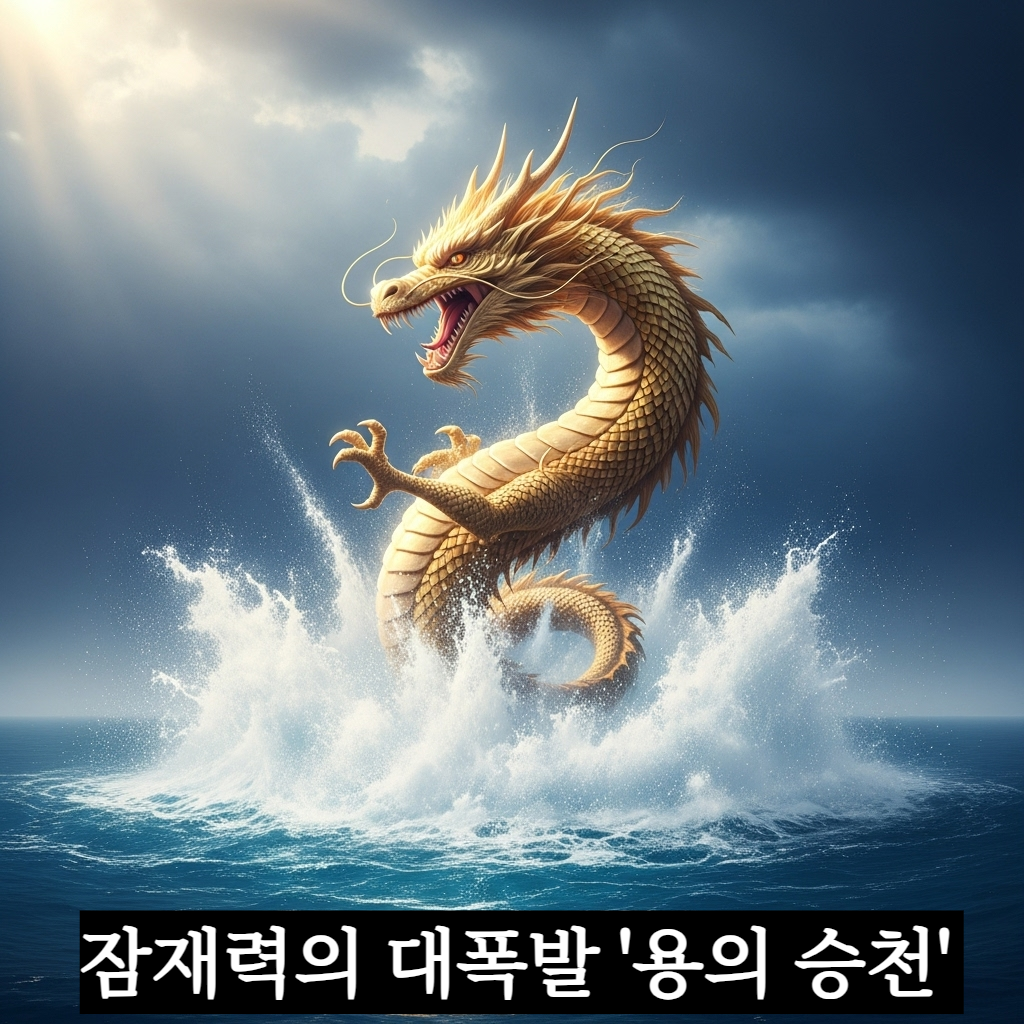 깊고 푸른 강물 한가운데서 거대한 물보라를 일으키며 찬란하게 빛나는 황금색 용이 하늘을 향해 솟구쳐 오르는 장엄하고 신비로운 분위기의 일러스트