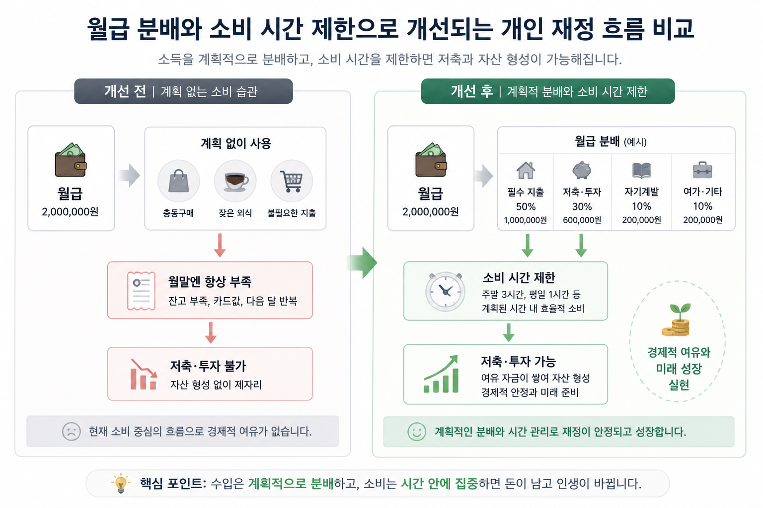 월급 분배와 소비 시간 제한으로 개선되는 개인 재정 흐름 비교 다이어그램
