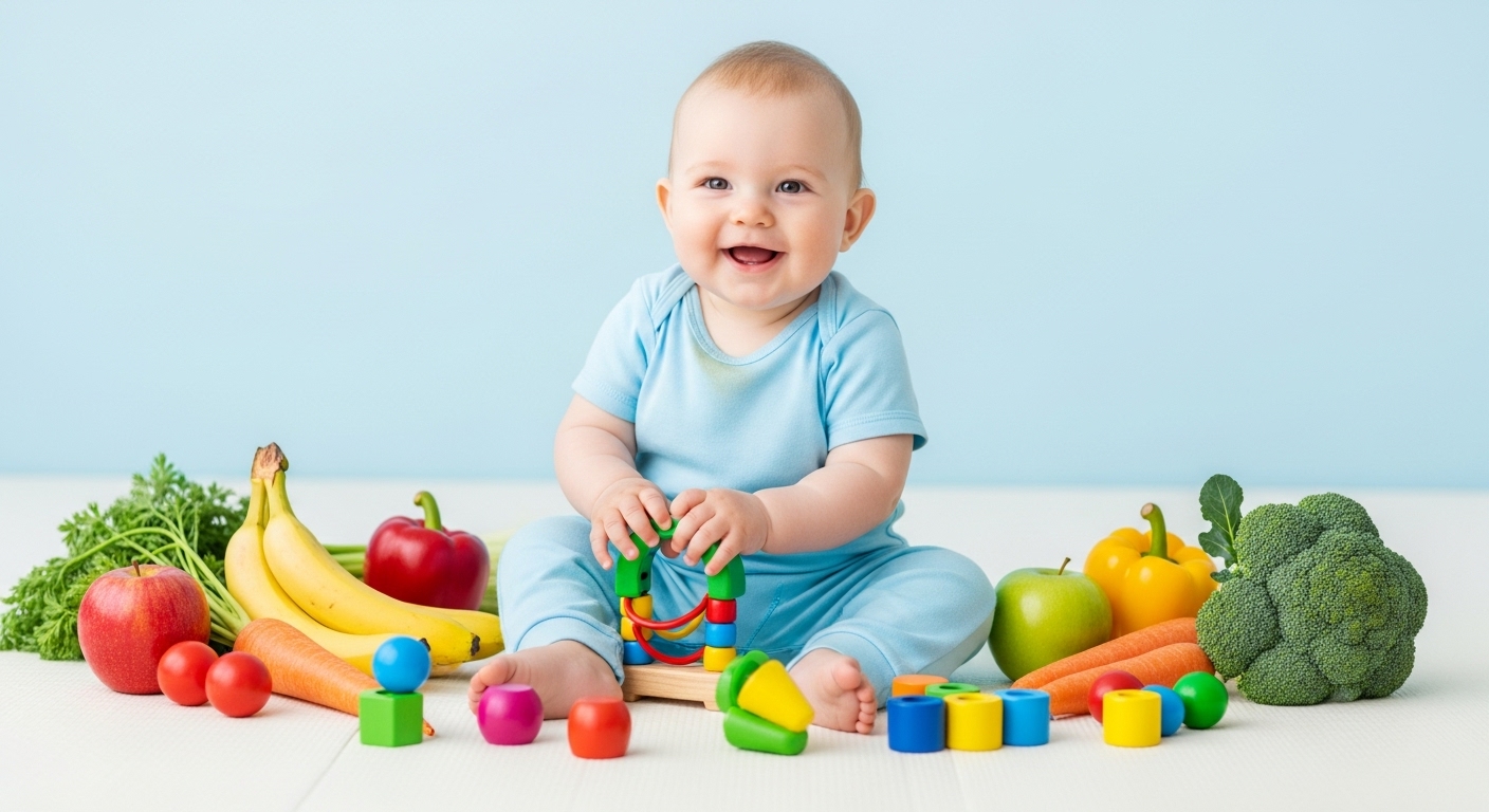 알록달록한 장난감과 신선한 과일, 채소에 둘러싸여 환하게 웃는 건강한 아기의 모습.