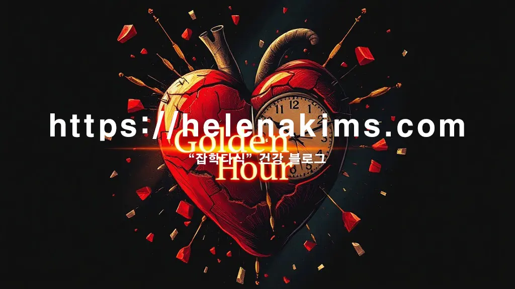 심장이 산산조각 나는 듯한 이미지가 중앙에 거칠게 표현되고, 그 파편들 사이로 급박하게 돌아가는 시계 바늘과 함께 'Golden Hour' 문구가 있는 모습.