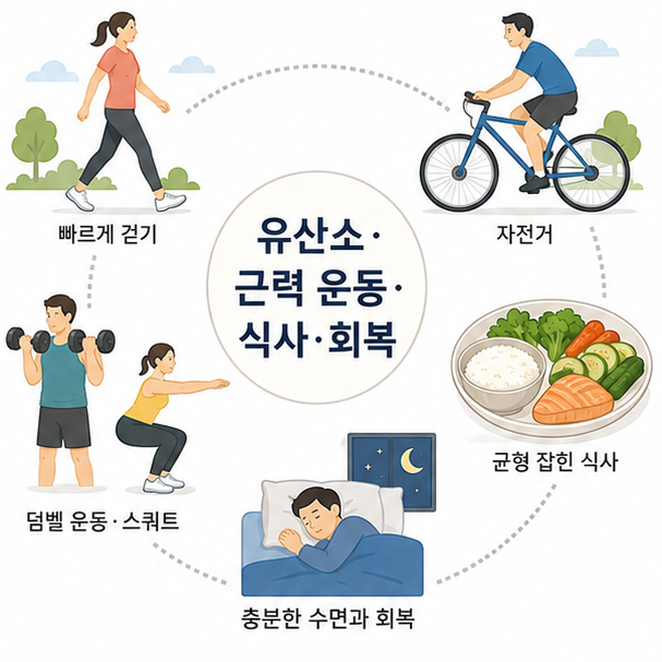 유산소 운동, 근력 운동, 균형 잡힌 식사, 회복으로 정리한 체지방 관리