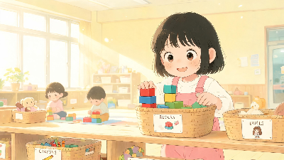 어린이집에서 바구니에 장난감을 정리하는 만 3세 아이(AI생성 이미지)