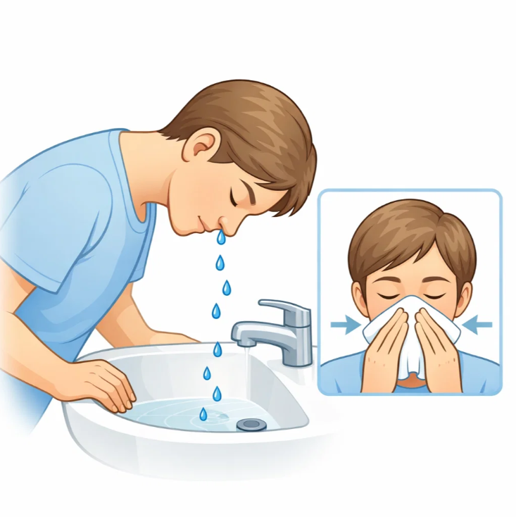 세면대에서 코를 풀어 콧물을 배출하는 올바른 방법을 설명한 일러스트