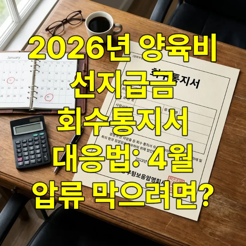 책상 위에 놓인 양육비 선지급금 회수통지서와 1월, 4월이 표시된 달력, 계산기, 볼펜이 있는 모습