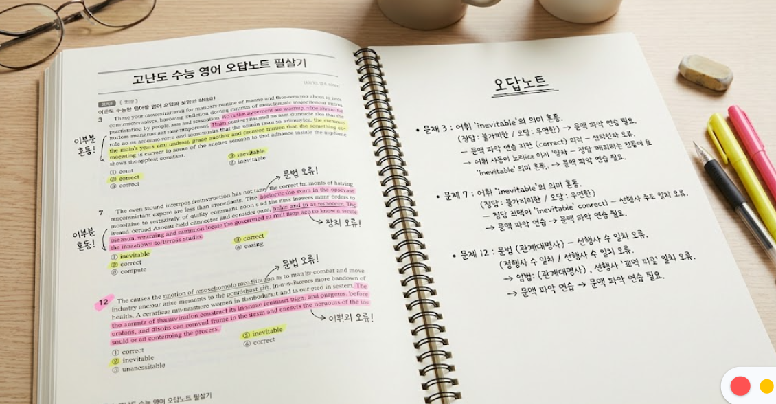 형광펜으로 꼼꼼하게 체크된 기출문제집과 오답노트