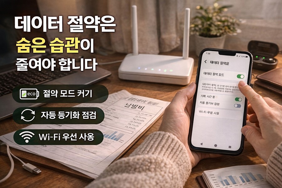 데이터 절약 모드, 자동 동기화 점검, 와이파이 우선 사용으로 모바일 데이터 사용량을 줄이는 방법을 보여주는 체크리스트형 이미지입니다.