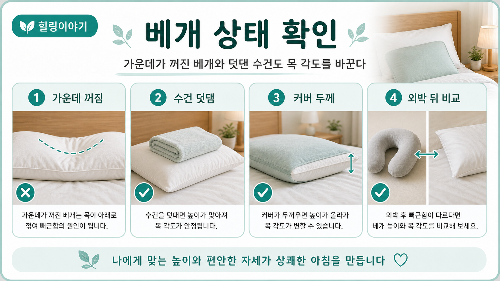가운데 꺼짐 수건 덧댐 커버 두께 외박 뒤 비교로 베개 상태를 확인하는 이미지