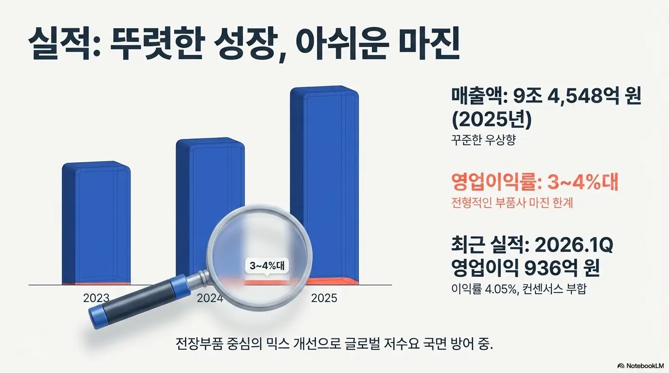 HL만도 주가 전망&amp;#44; &rsquo;실적: 뚜렷한 성장&amp;#44; 아쉬운 마진&amp;#39;이라는 제목으로 HL만도 2025년 매출 9조4548억원과 3~4%대 영업이익률&amp;#44; 2026년 1분기 영업이익 936억원을 막대그래프로 표현한 인포그래픽. HL만도 실적의 꾸준한 매출 성장과 부품사 특유의 마진 한계를 시각적으로 전달하며&amp;#44; 블로그의 HL만도 실적 분석과 관련된 내용을 설명함