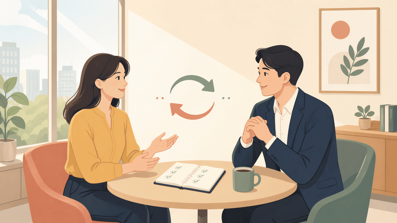 상사와 신뢰 기반 양방향 커뮤니케이션을 나누는 30대 직장인 일러스트